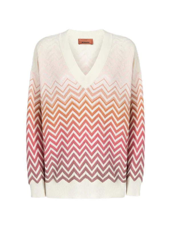 Missoni Chevron Dégradé Cotton V-neck Sweater in Neutrals