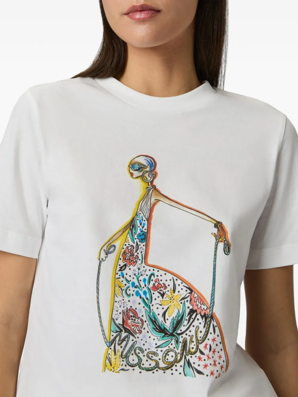 Missoni Cotton Jersey Crewneck T-shirt with Print and Logo in White, view 5