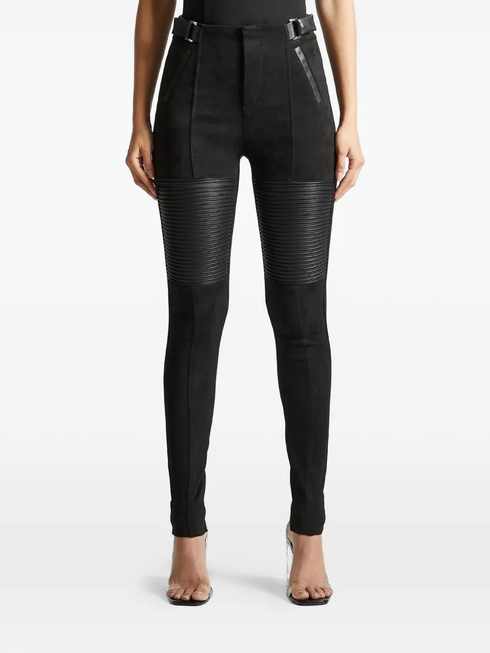 Faux-Suede Ribbed-Faux Leather Black Leggings
