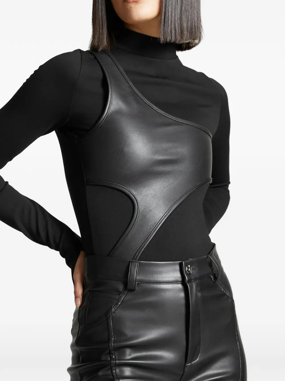 Manière De Voir Faux Leather Overlay High Neck Bodysuit In Black