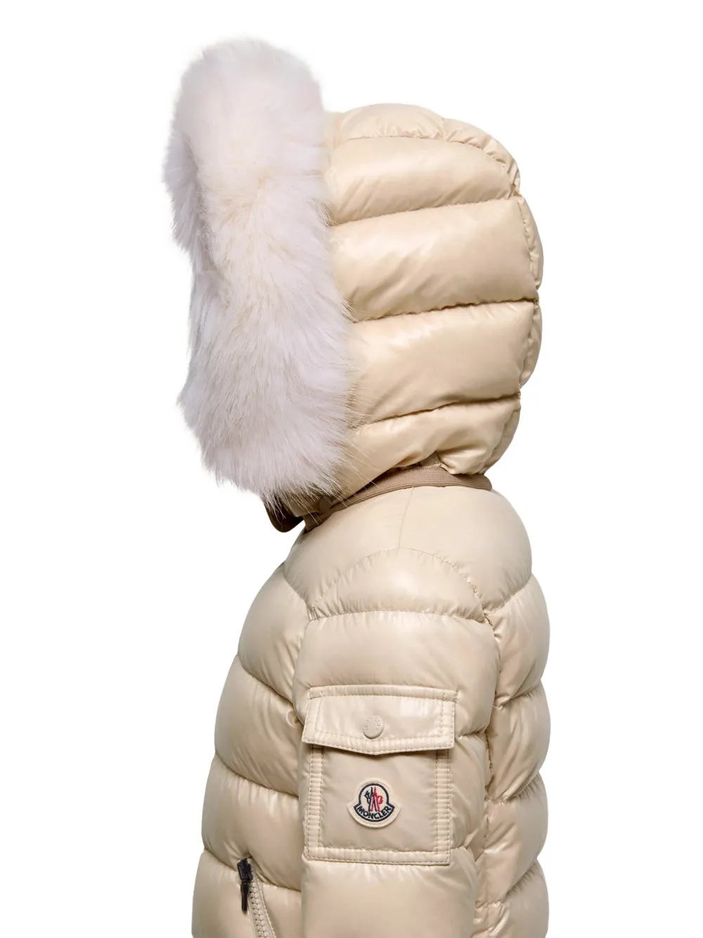Moncler Enfant Badyf jack met capuchon en afwerking van imitatiebont Beige