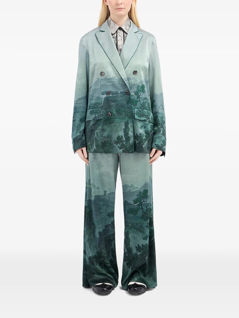 Pierre-louis Mascia Adastrgum Double-breasted Landscape-printed Jacket In Green