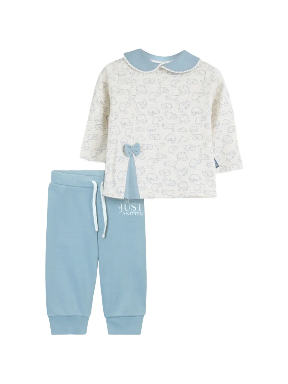 mininio peter-pan collar printed trousers set - Blu