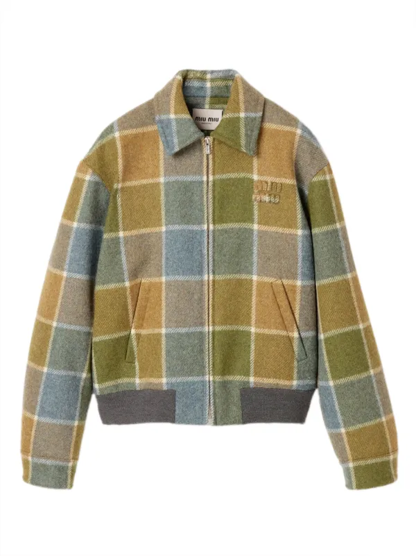 Miu Miu Checked Bomber Jacket in Brown