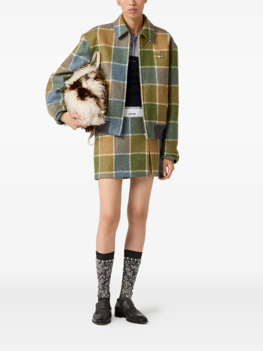 Miu Miu Geruite mini-rok met logo - Groen