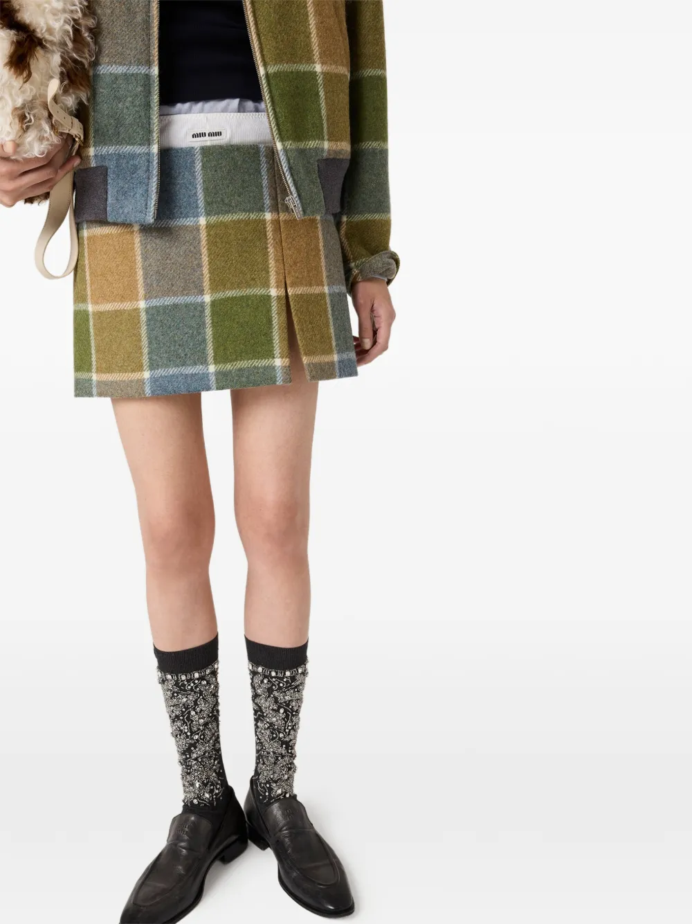 Miu Geruite mini-rok met logo Groen