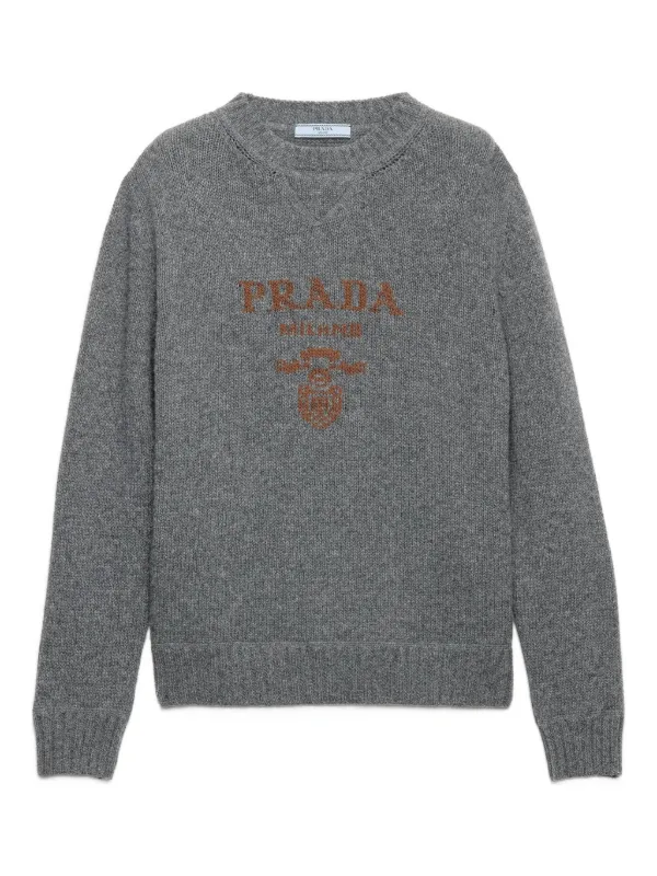 Prada Intarsia-logo Crew-neck Sweater in Grey