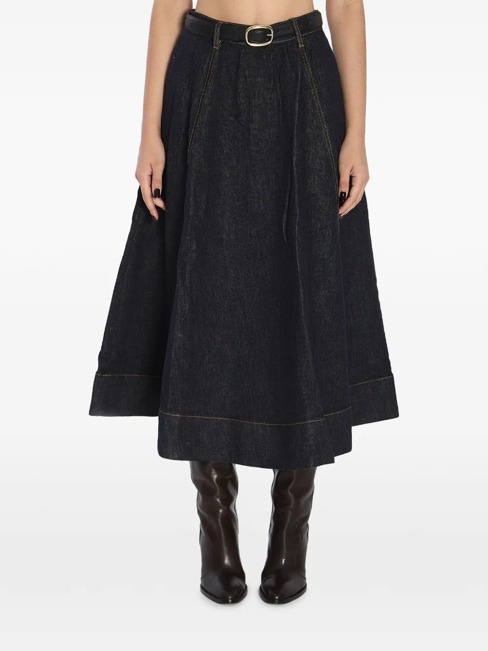  Self-portrait Flared Belt Midi Skirt - Blue 