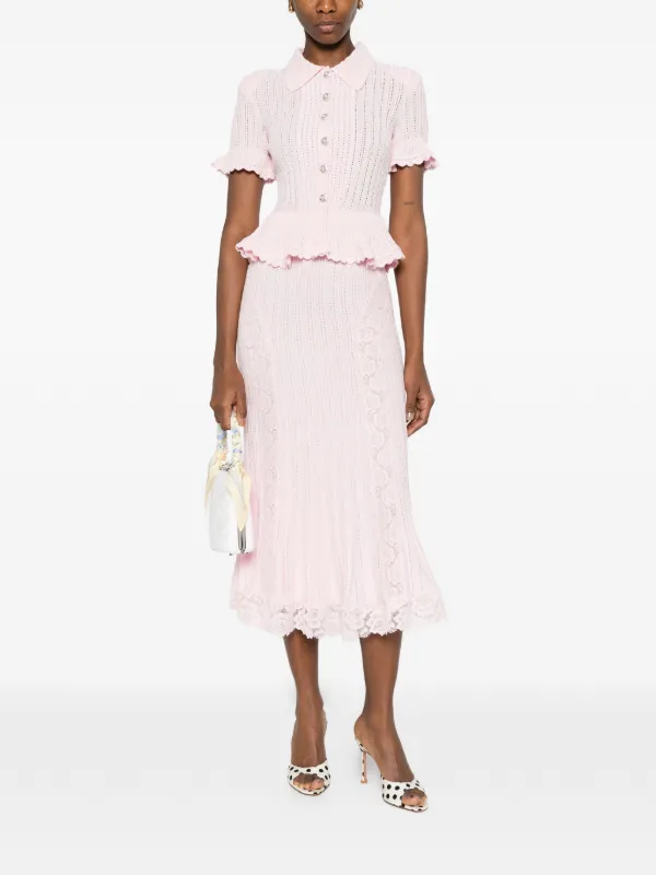 Self-Portrait Pointelle Peplum Knit Dress | Pink | FARFETCH JO