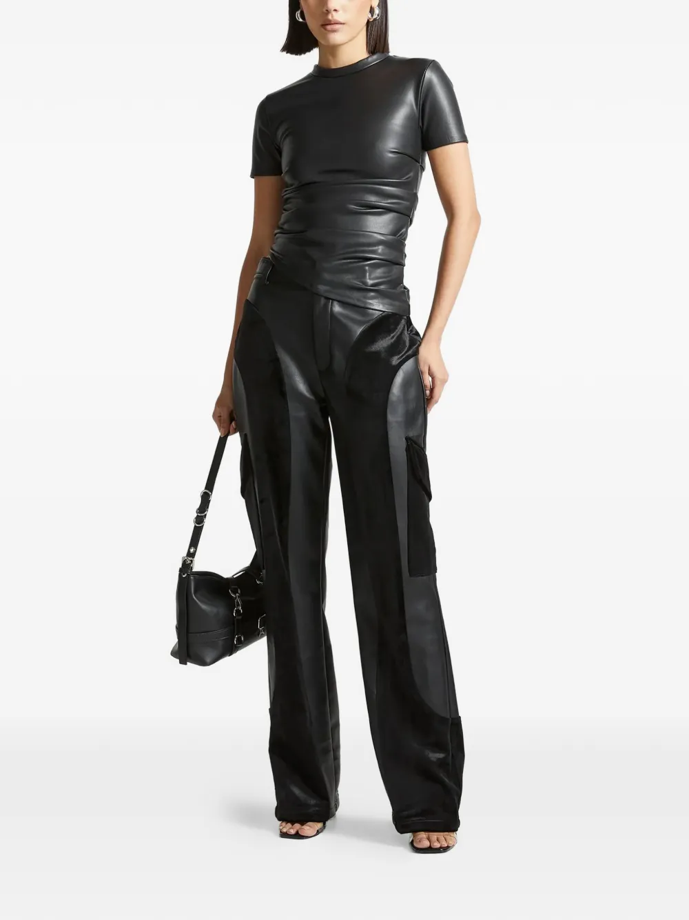 Ruched Faux-Leather Black T-Shirt