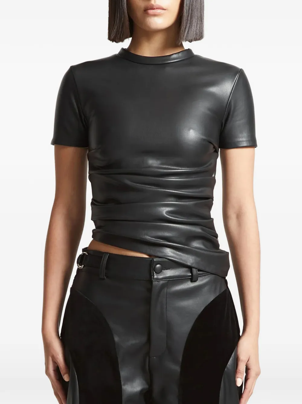 Manière De Voir ruched leather T-shirt - Nero