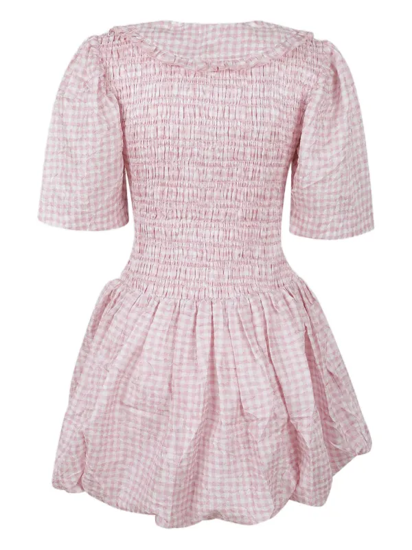 ganni pink gingham dress GANNI Cutout Ruched Gingham Seersucker Mini Dress