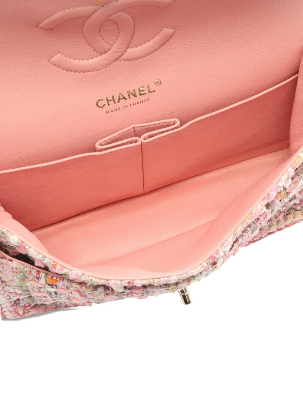 Pre-owned Chanel 2019 Medium Classic Quilted Tweed Braided Double Flap Shoulder Bag In Pink