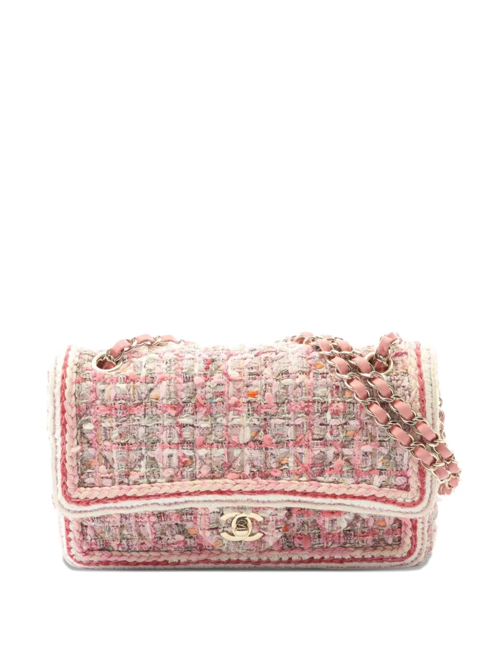 CHANEL Pre-Owned 2019 Medium Classic Quilted Tweed Braided Double Flap shoulder bag - Rosa