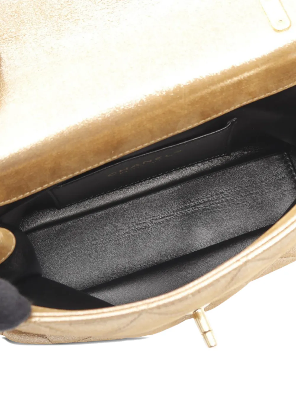 Pre-owned Chanel 2021-2025 Quilted Metallic Leather Crystal Cc Chain Flap Satchel In Gold