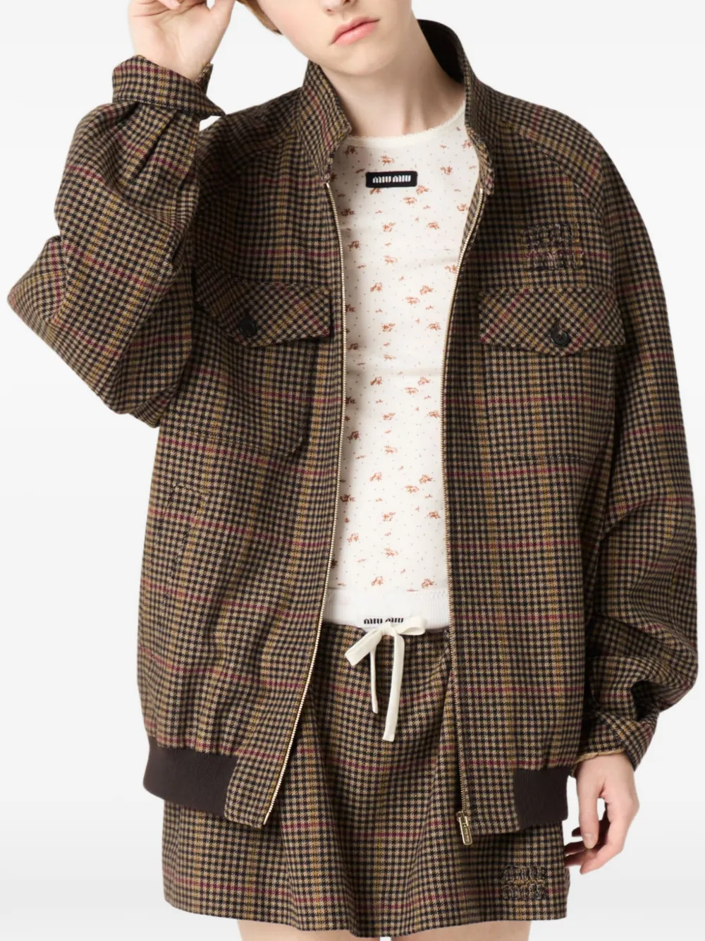 Miu Geruite gesmockte mini-rok Bruin