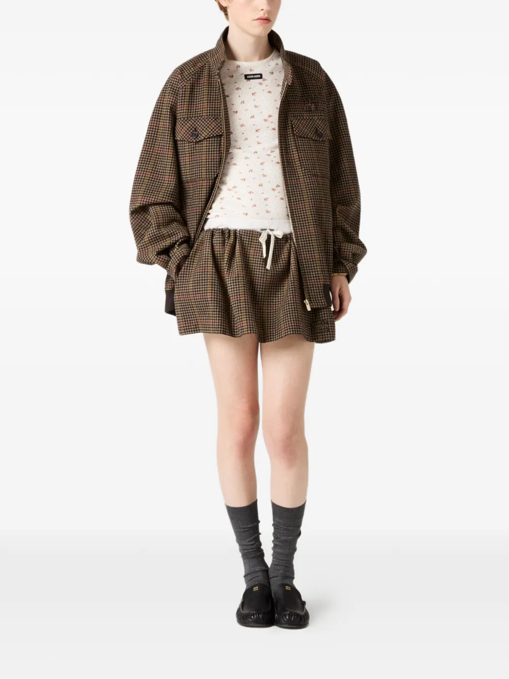 Miu Geruite gesmockte mini-rok Bruin
