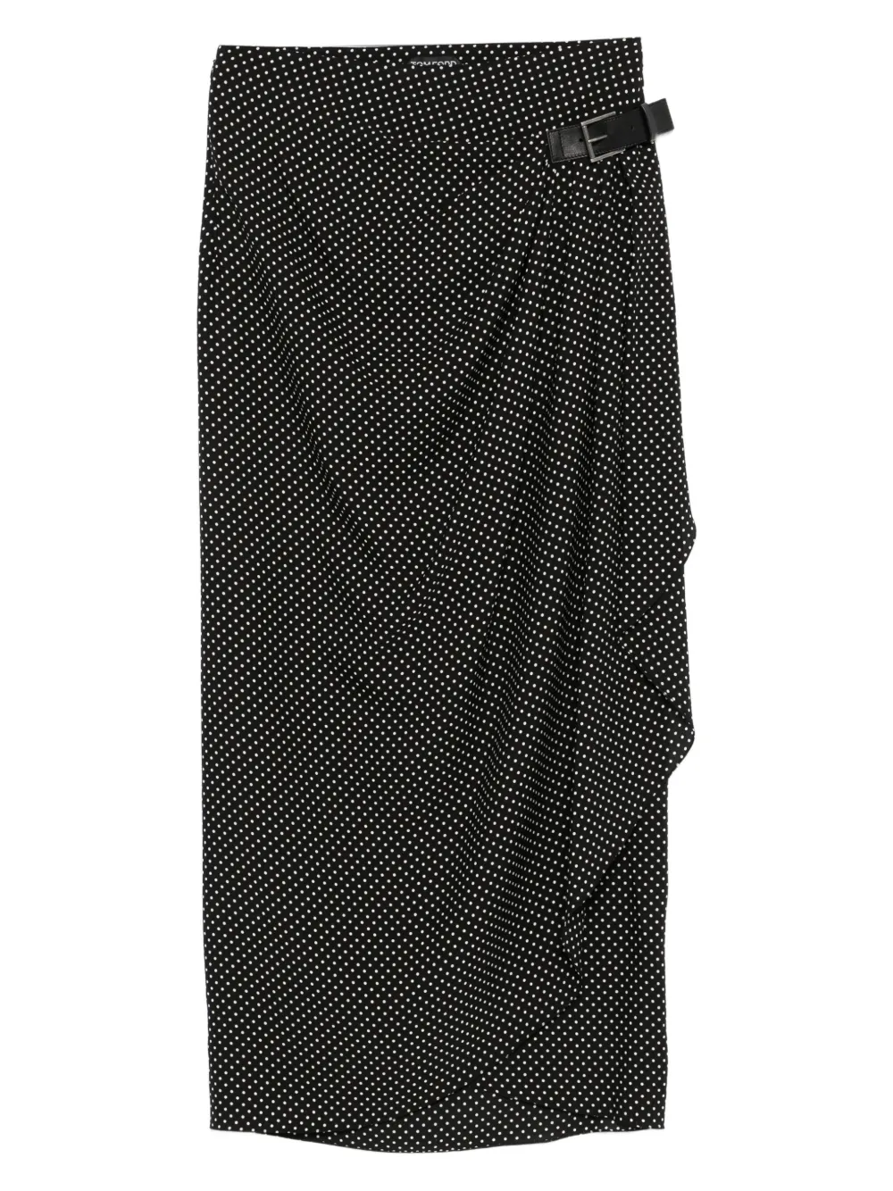 Tom Ford Buckle-detailed Wrap-effect Draped Polka-dot Silk-chiffon Midi Skirt In Black