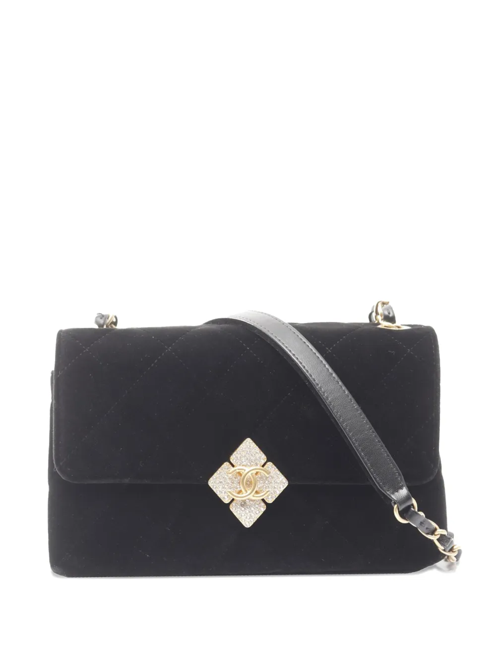 Pre-owned Chanel 2021-2025 Cc Quilted Velvet Diamond Lock With Strass Flap Crossbody Bag In Black