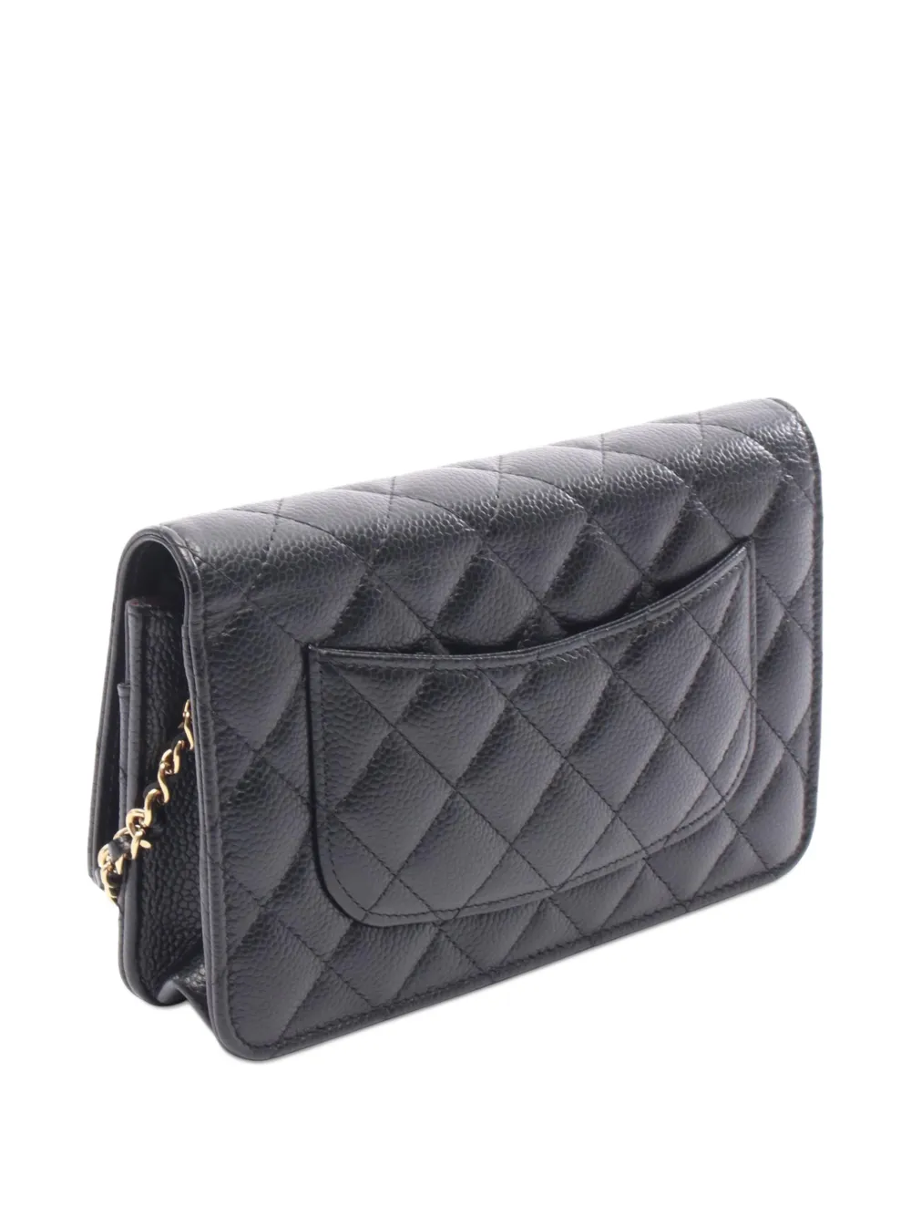 Pre-owned Chanel 2021-2025 Cc Quilted Caviar Wallet On Chain Crossbody Bag In Black