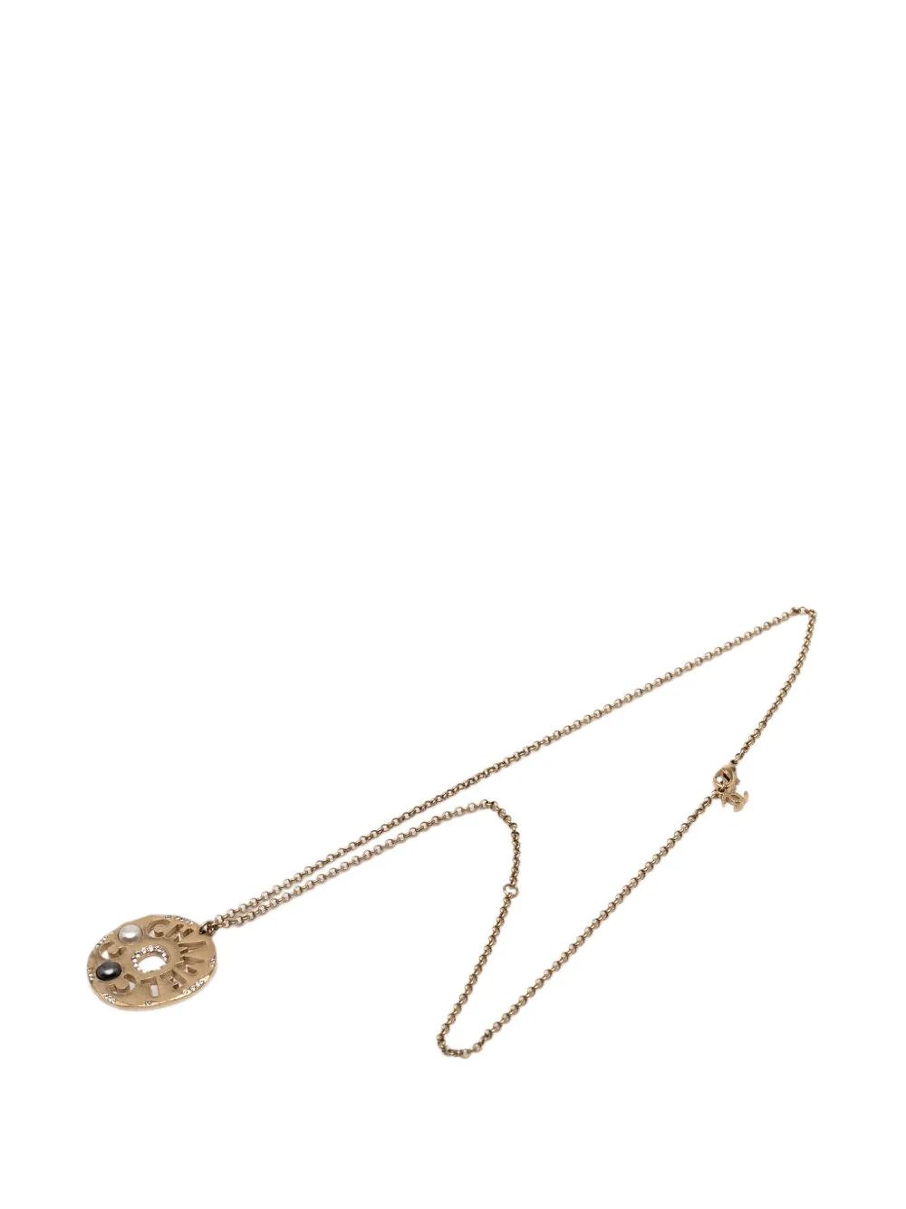 CHANEL Pre-Owned 1990-2010 Gold Plated Faux Pearl and Rhinestone Logo Pendant Necklace costume necklace - Oro