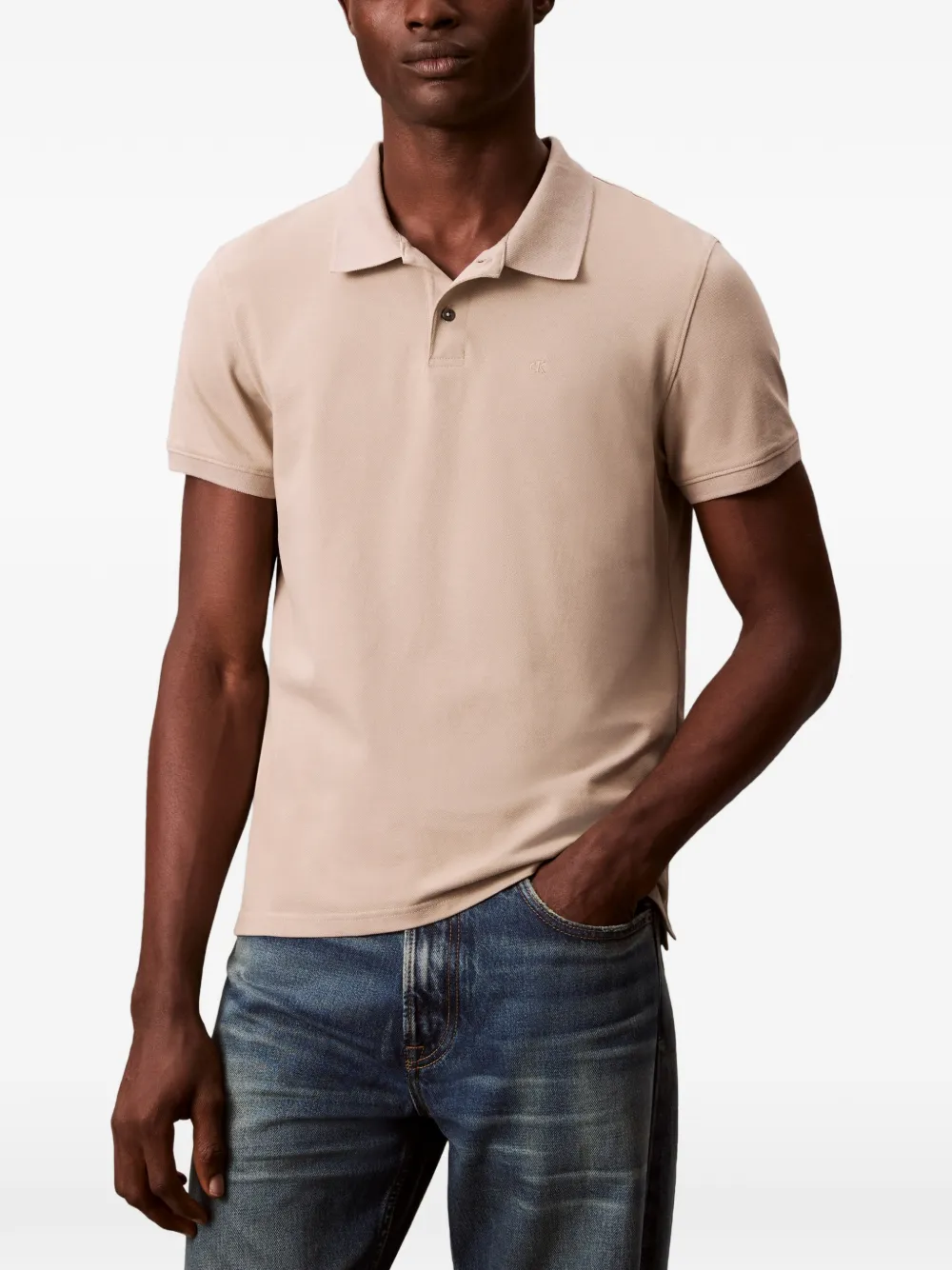 Calvin Klein Buttoned Embroidered-logo Polo Shirt In Neutral