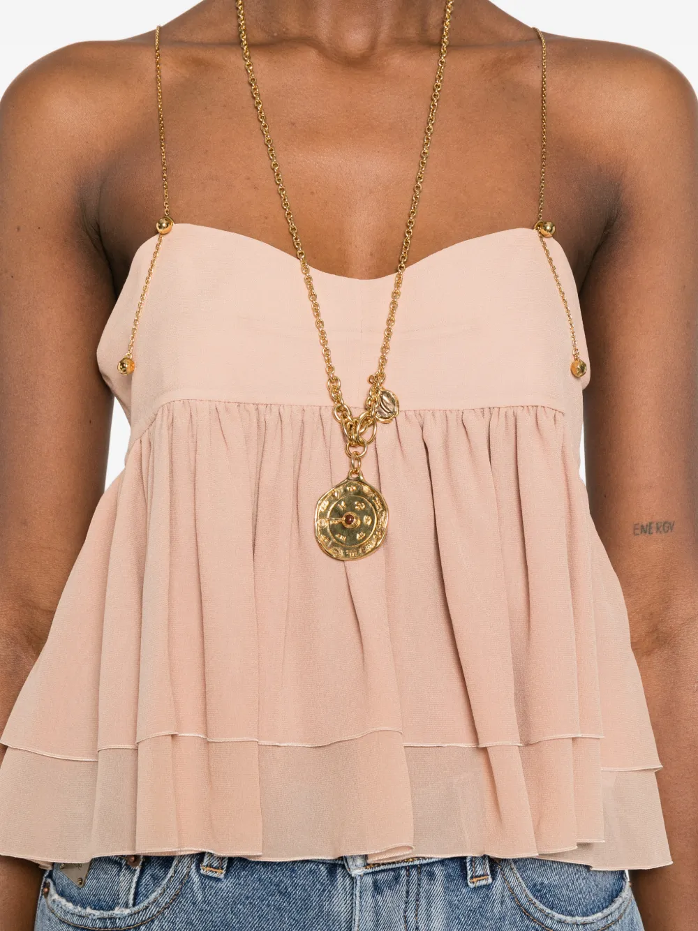 Chloé Top met ruches en kettingbandje Beige
