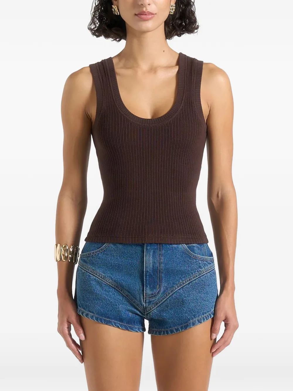 Manière De Voir Liane Ribbed Scoop-neck Tank Top In Brown