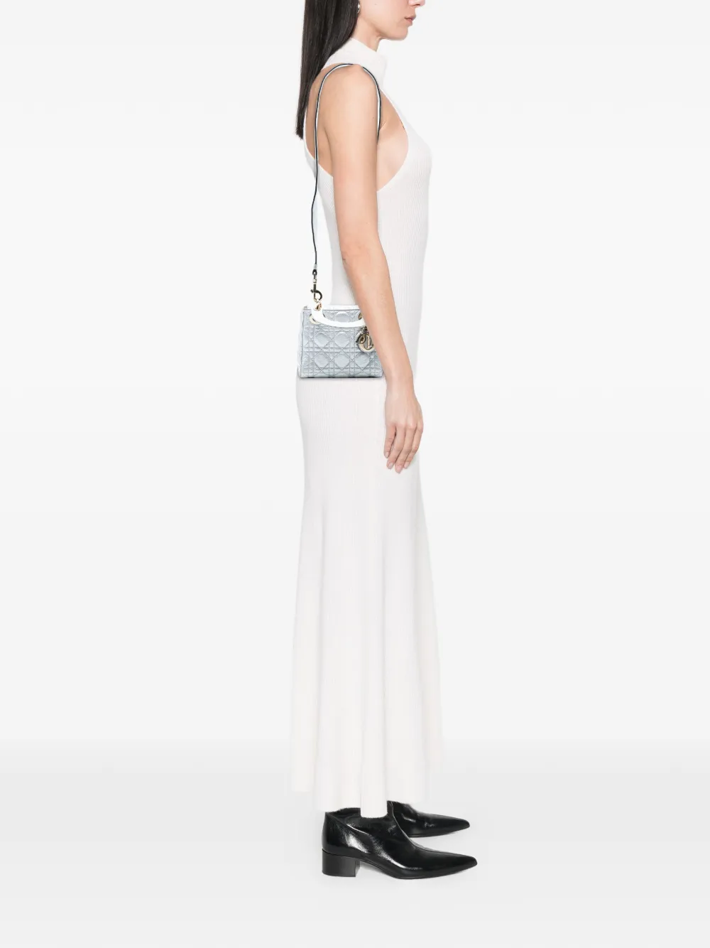 Pre-owned Dior 2017 Mini Metallic Grained Calfskin Cannage Lady  Satchel In Silver