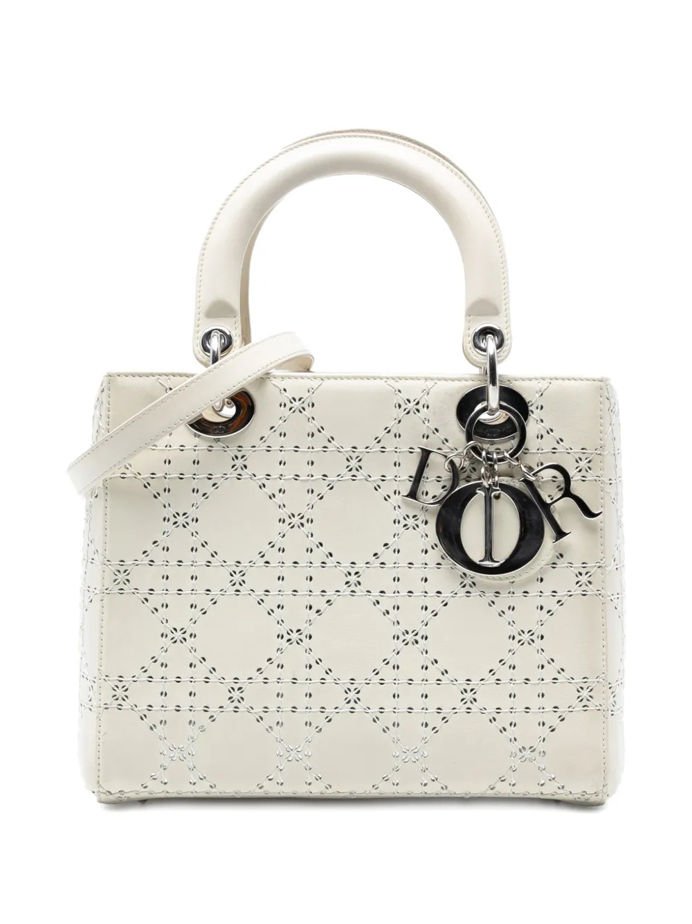 Pre-owned Dior 2013 Medium Perforated Calfskin Cannage Lady  Satchel In White