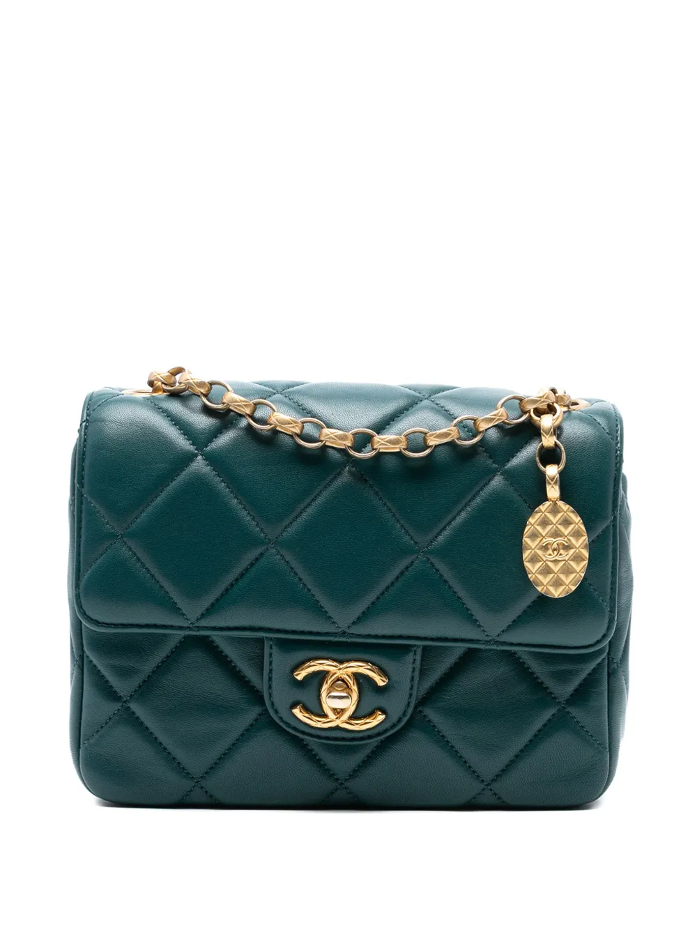Pre-owned Chanel 2021-2025 Mini Square Quilted Lambskin Bijoux Logo Chain Flap Crossbody Bag In Green