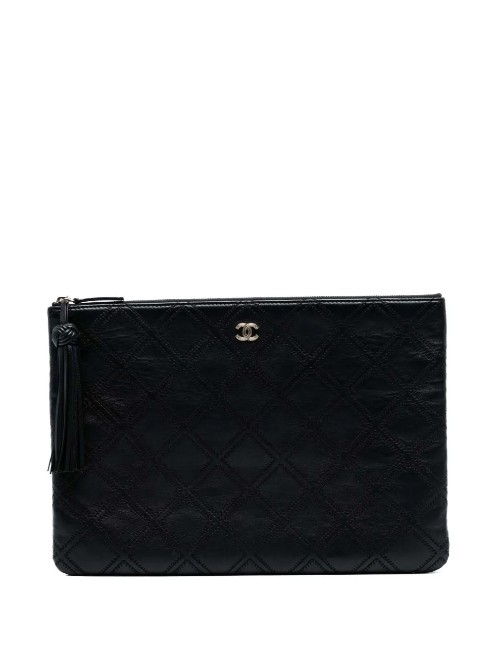 Pre-owned Chanel 2016-2017 Large Quilted Lambskin Double Stitch Tassel O Case Clutch Bag In Black