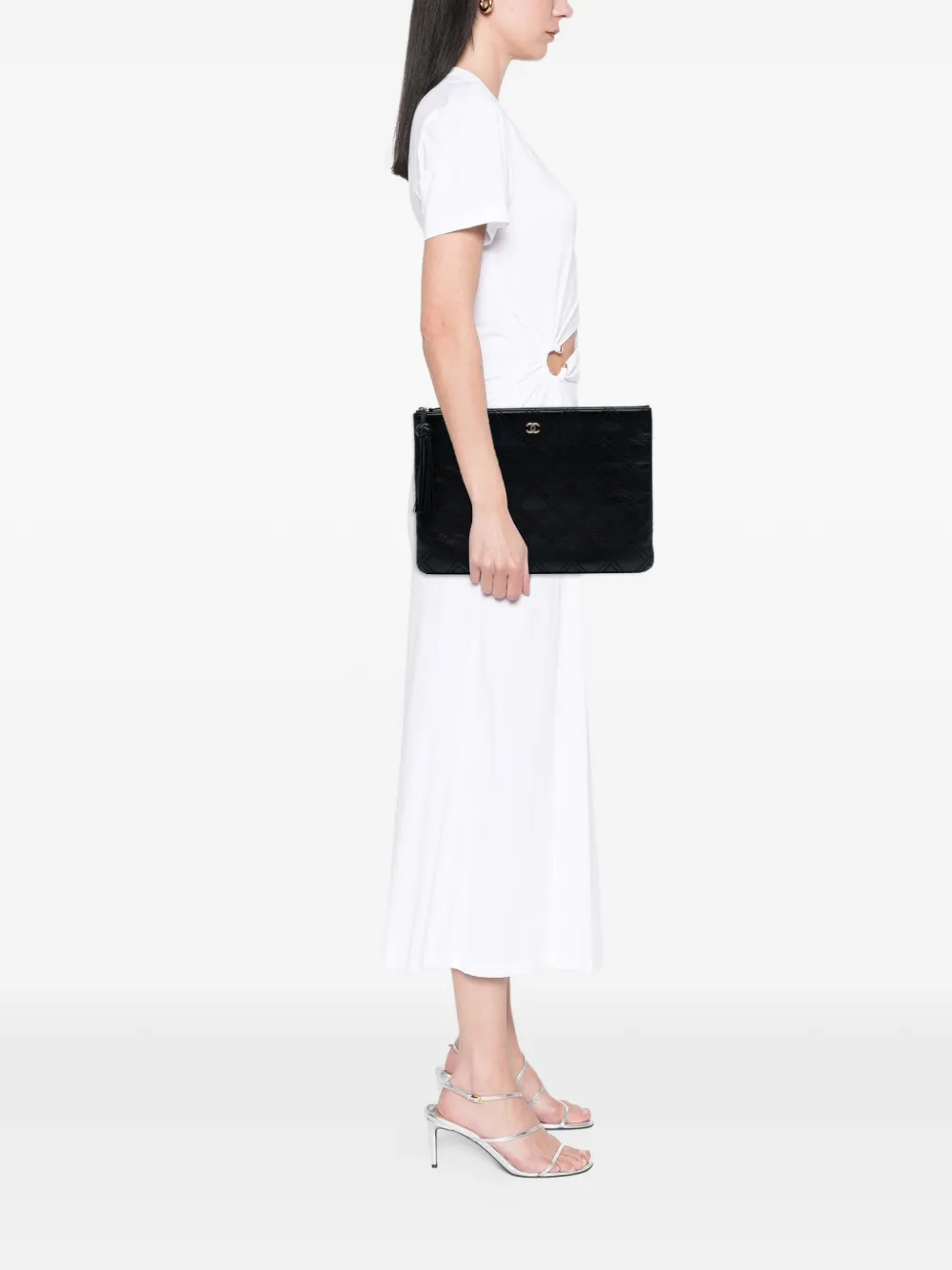 Pre-owned Chanel 2016-2017 Large Quilted Lambskin Double Stitch Tassel O Case Clutch Bag In Black