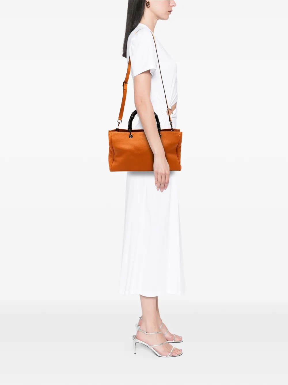 Pre-owned Gucci 2016-2025 Medium Calfskin Bamboo Shopper Satchel In Orange
