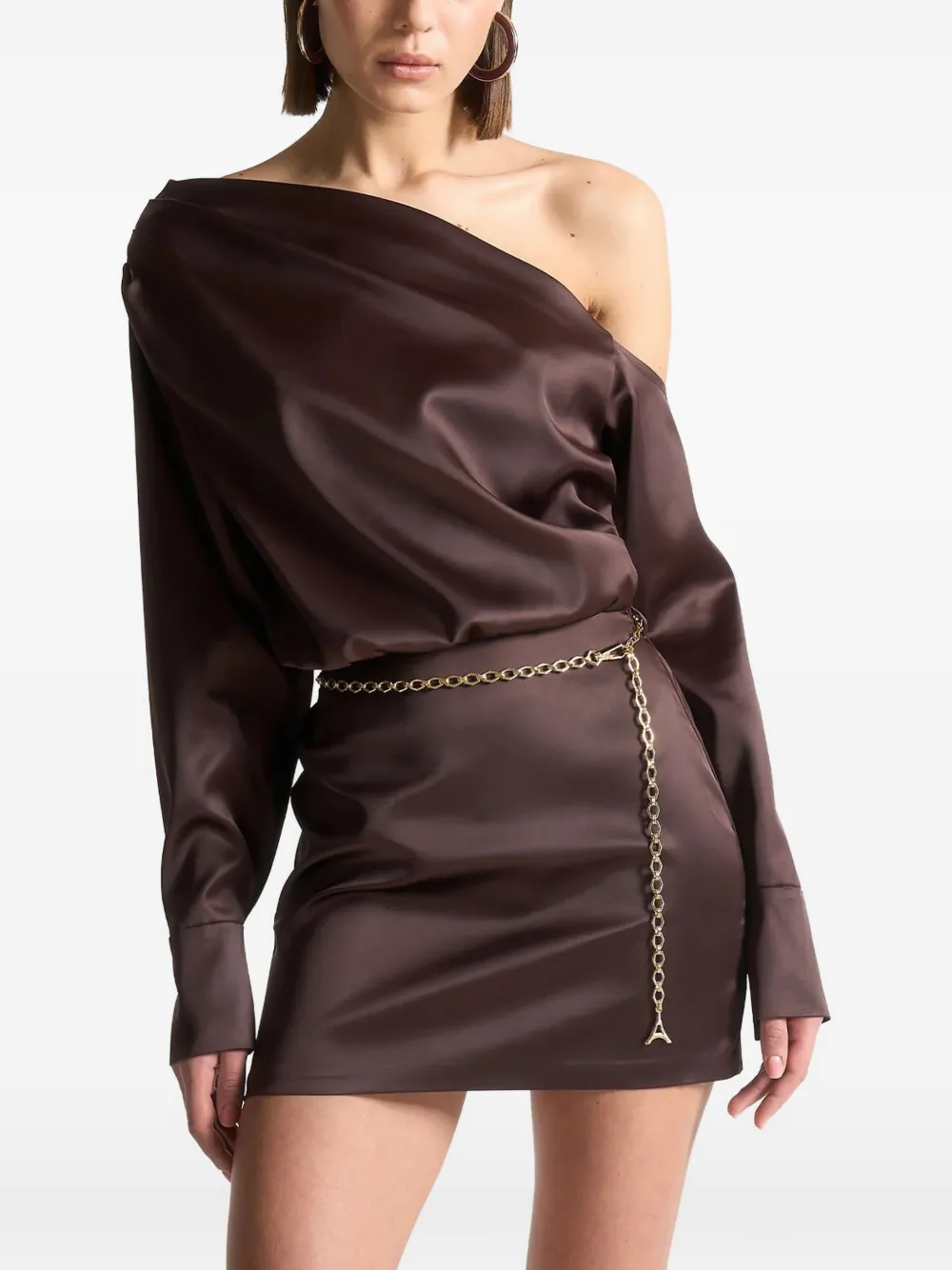 One-Shoulder Draped Chain-Belt Brown Satin Mini Dress