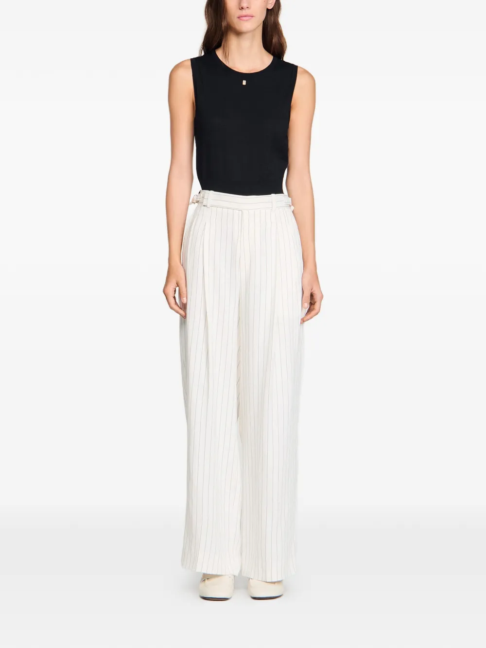  Sandro Belted Striped Wide-leg Trousers - Neutrals 