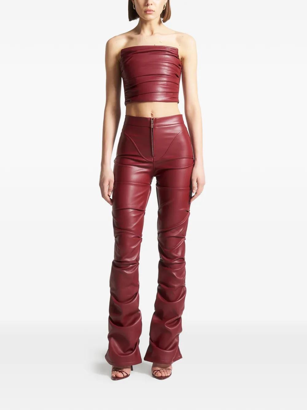 Pleated Wine Red Faux-Leather Bandeau Corset Top