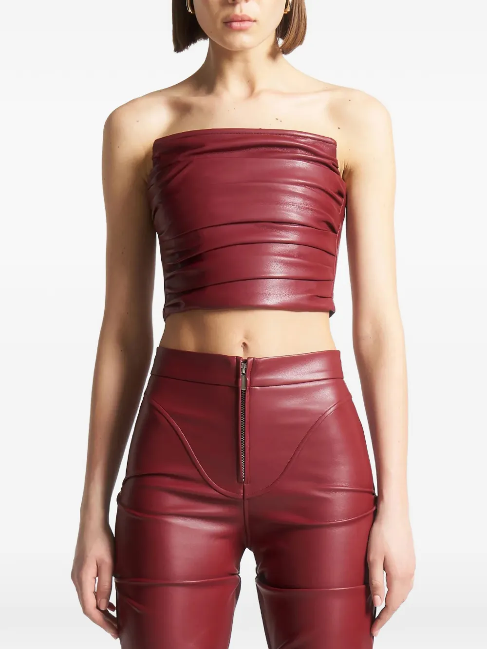 Pleated Wine Red Faux-Leather Bandeau Corset Top
