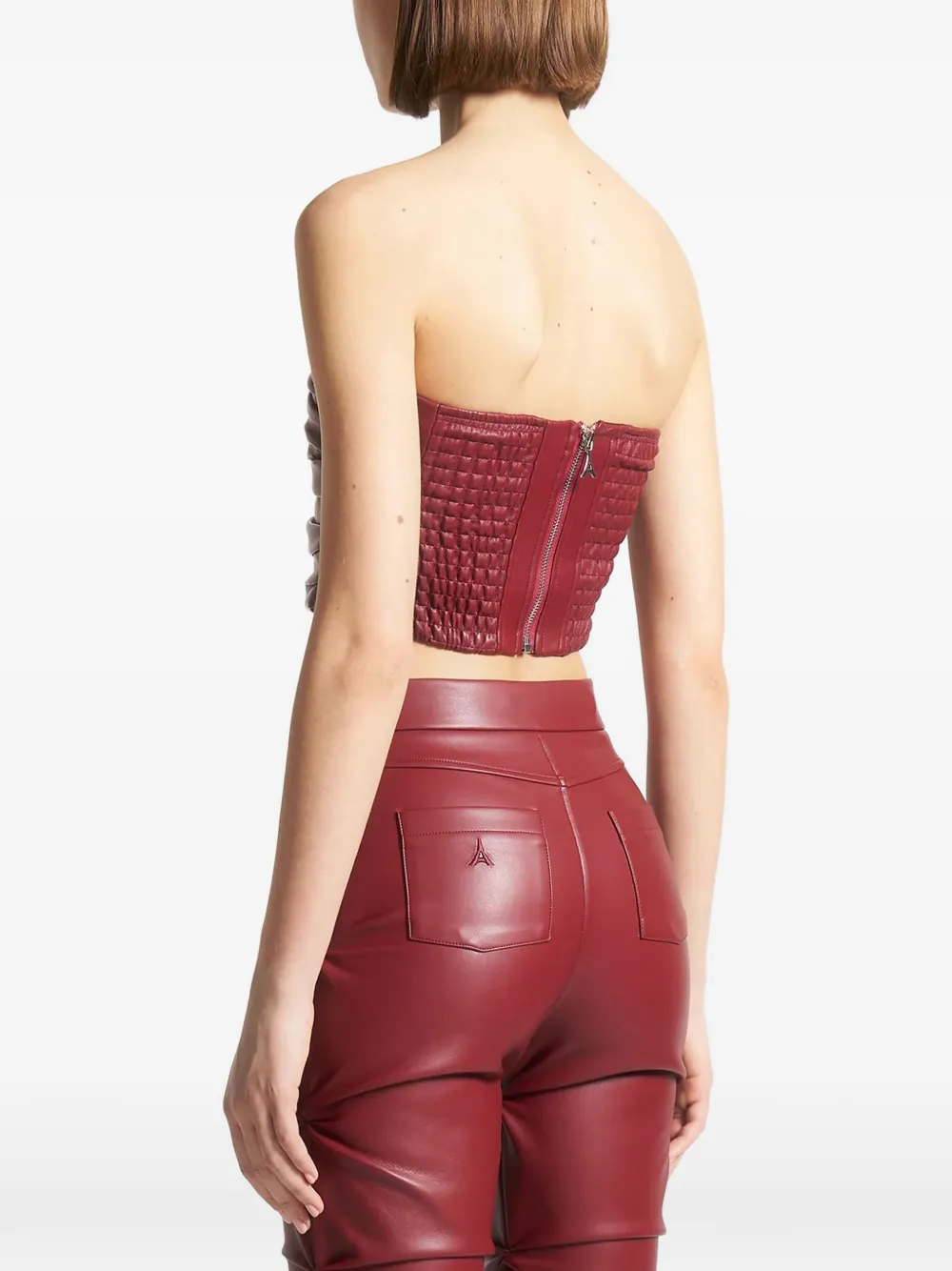 Pleated Wine Red Faux-Leather Bandeau Corset Top