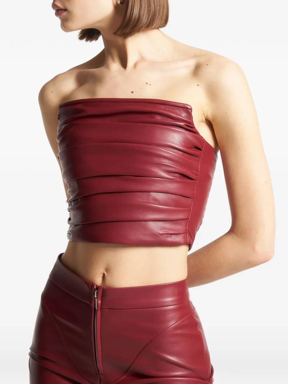 Pleated Wine Red Faux-Leather Bandeau Corset Top