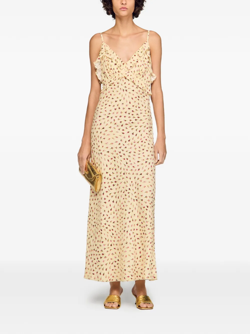  Sandro Ruffled-detail Floral-print Maxi Dress - Neutrals 