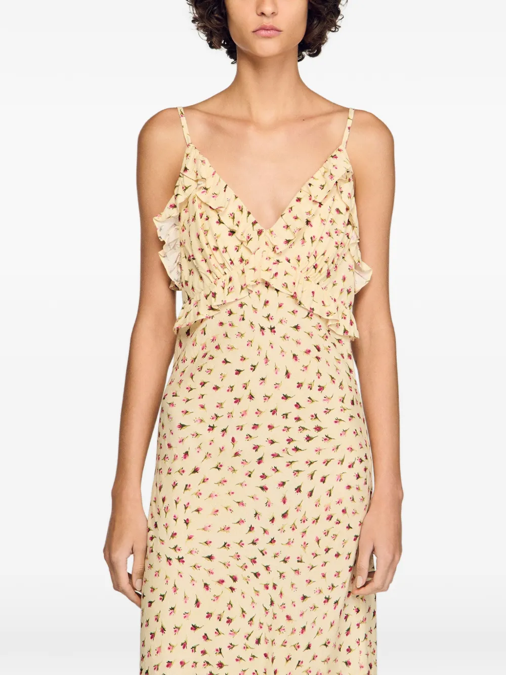 SANDRO Maxi-jurk met ruches en bloemenprint Beige