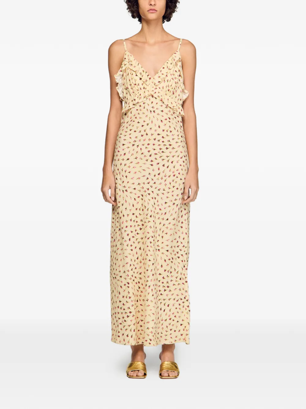  Sandro Ruffled-detail Floral-print Maxi Dress - Neutrals 
