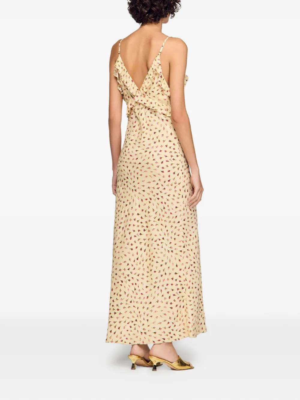 SANDRO Maxi-jurk met ruches en bloemenprint Beige
