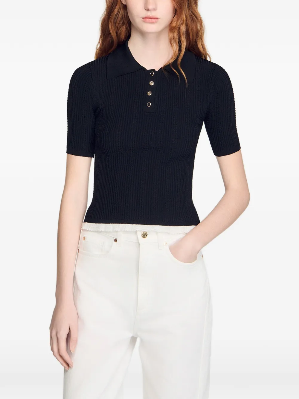 SANDRO Button-up gebreide polotop Zwart