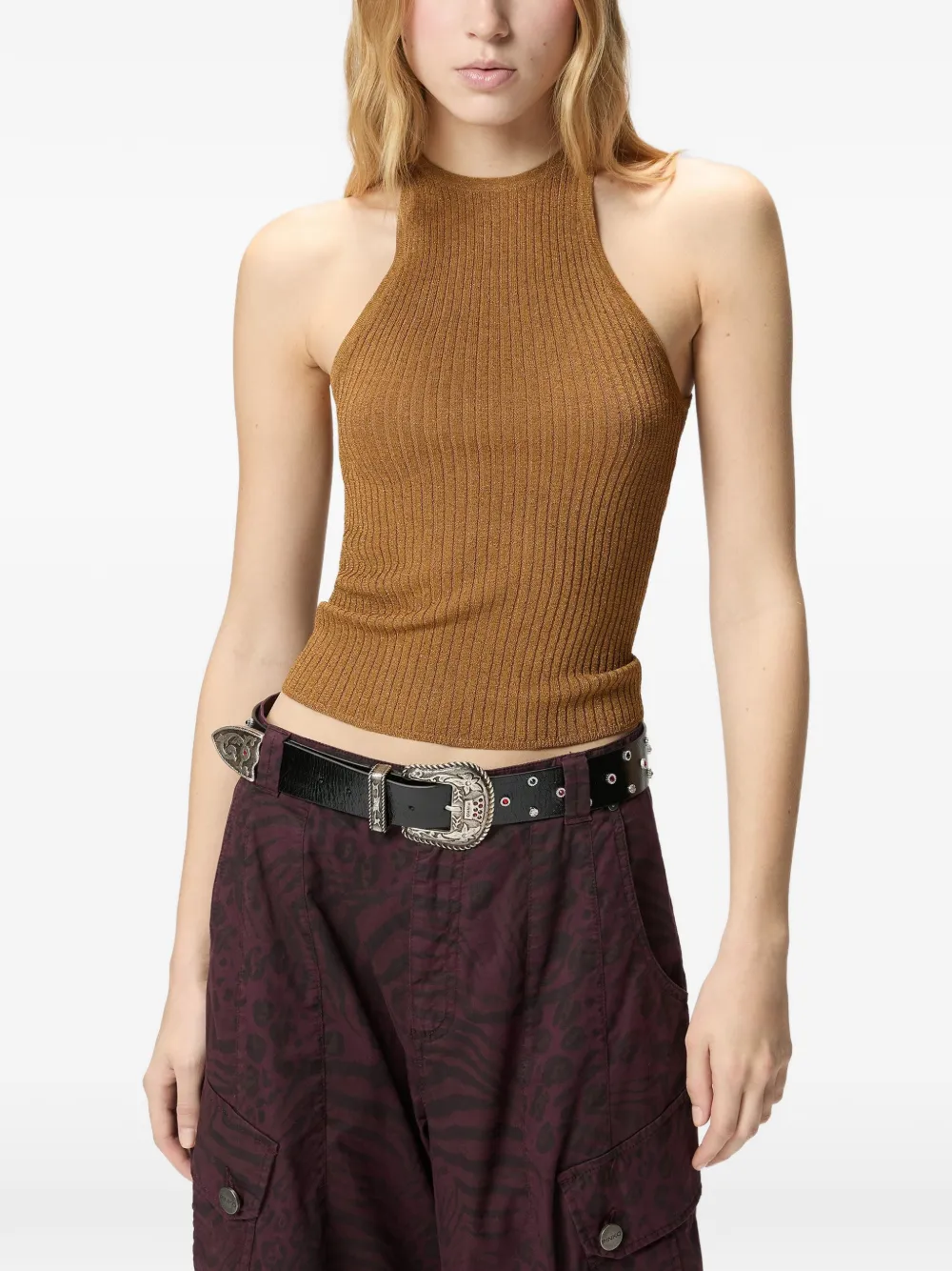 PINKO Geribbelde top met strik Bruin