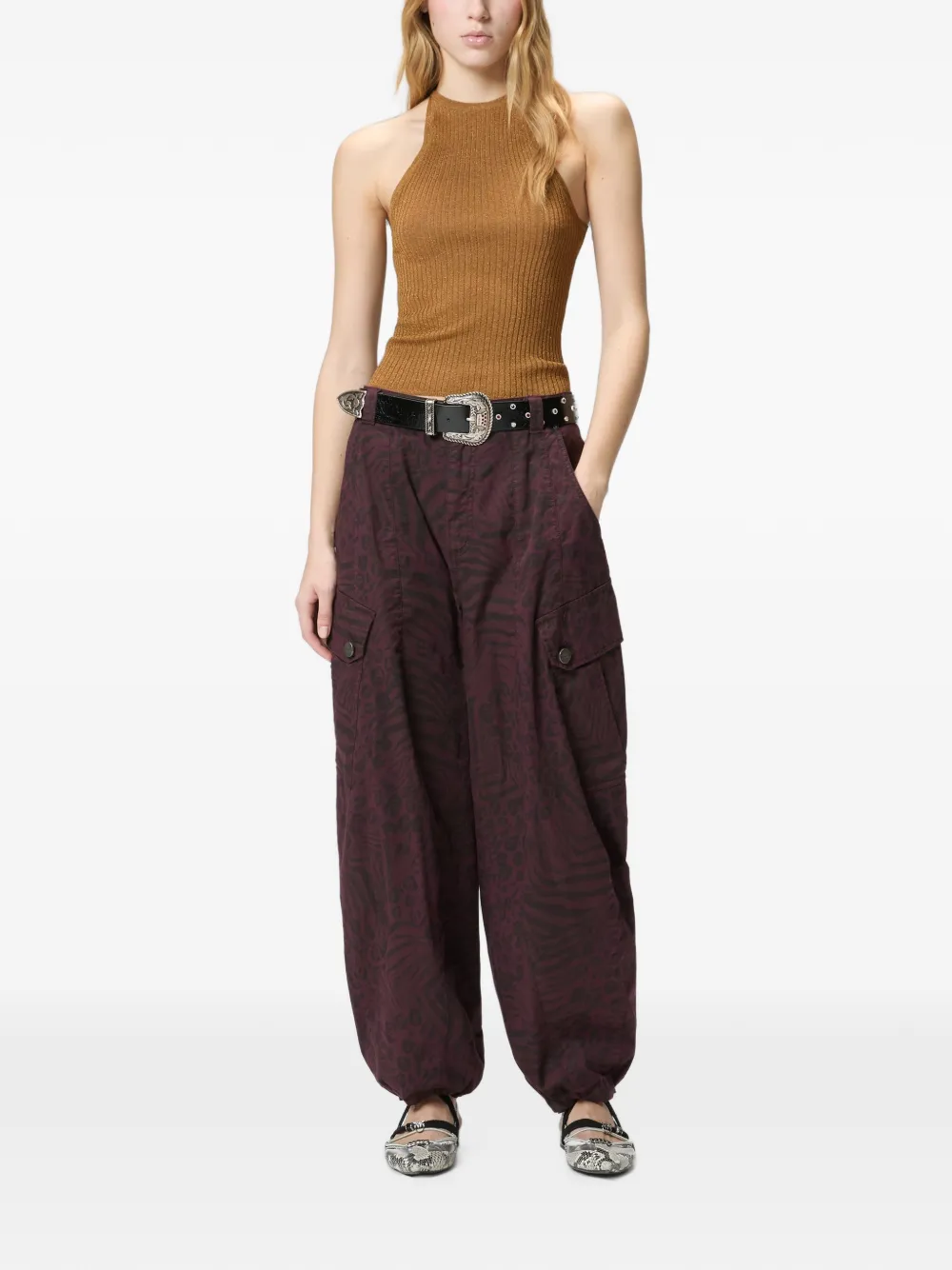 PINKO Geribbelde top met strik Bruin