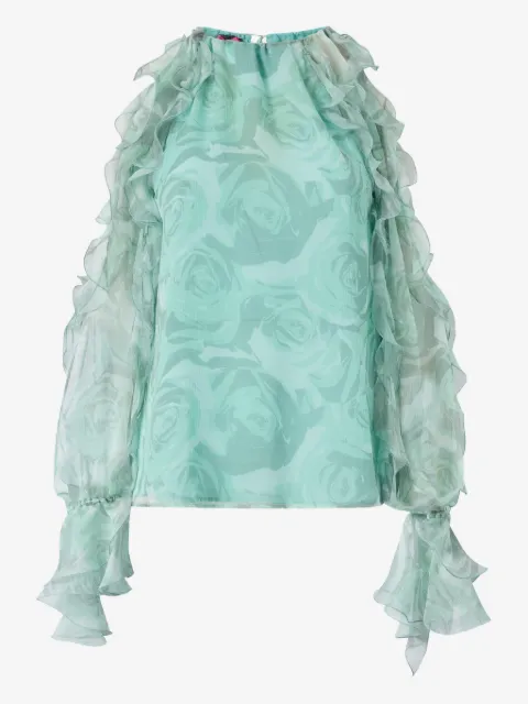 PINKO silk blouse with rose print and open shoulders