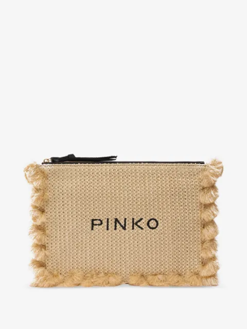 PINKO small raffia clutch with logo and tassels