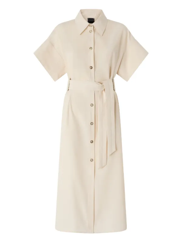 beige shirt dress midi Beige Puff Sleeve Belted Midi Shirt Dress